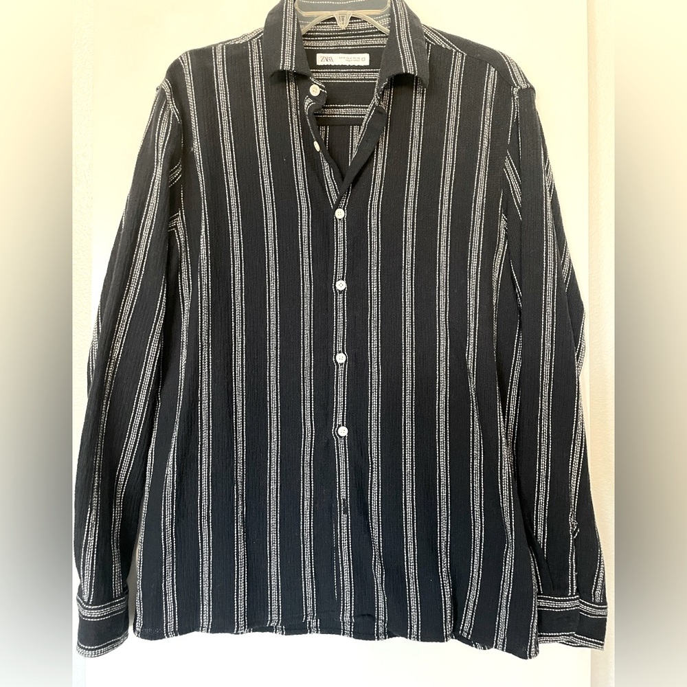 M: Men’s ZARA Cotton Long Sleeve Button Down Shirt Navy/White Stripes nwot